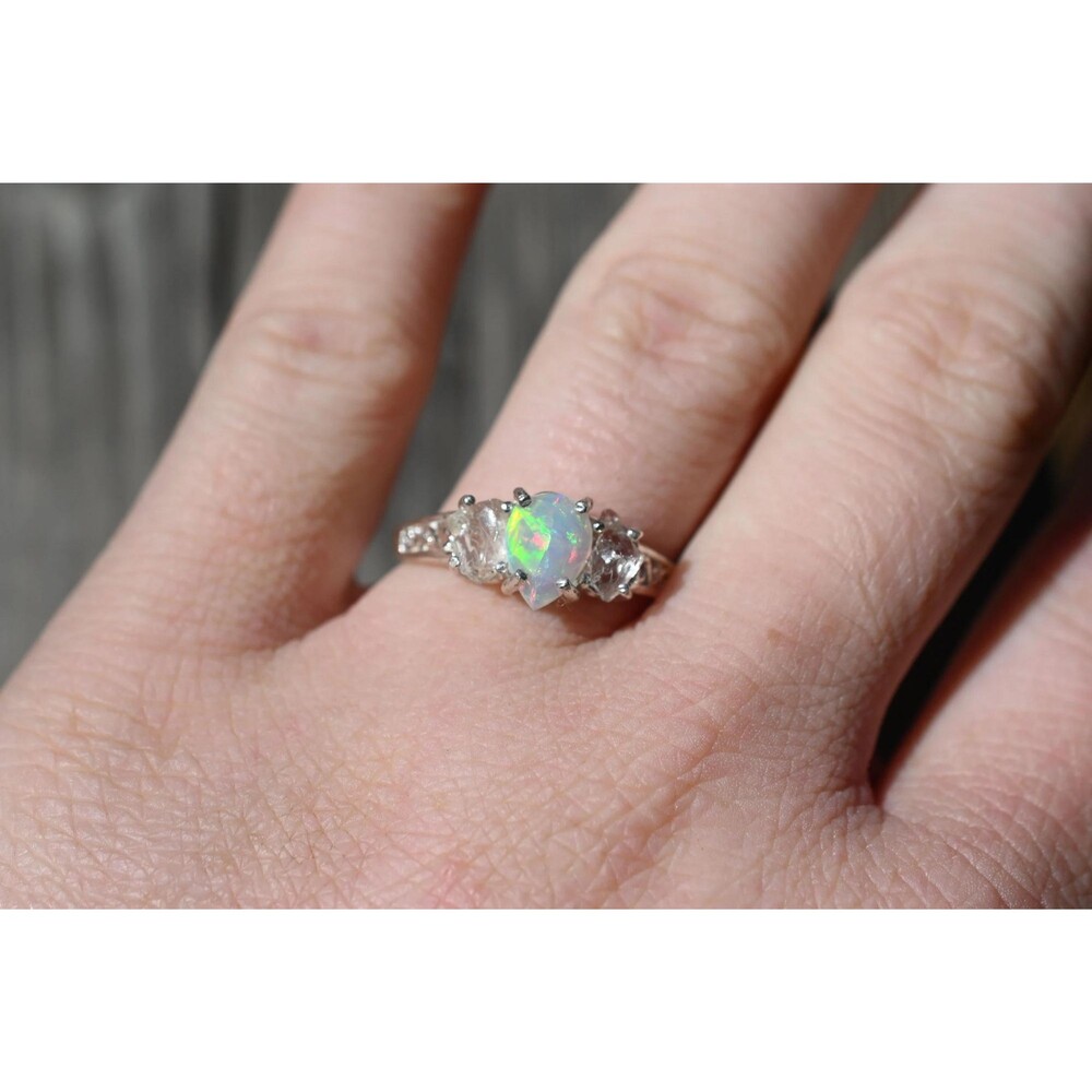 Engagement ring crystal wedding ring, Ethiopian opal  sterling silver size 3 4 5 - Picture 2 of 8